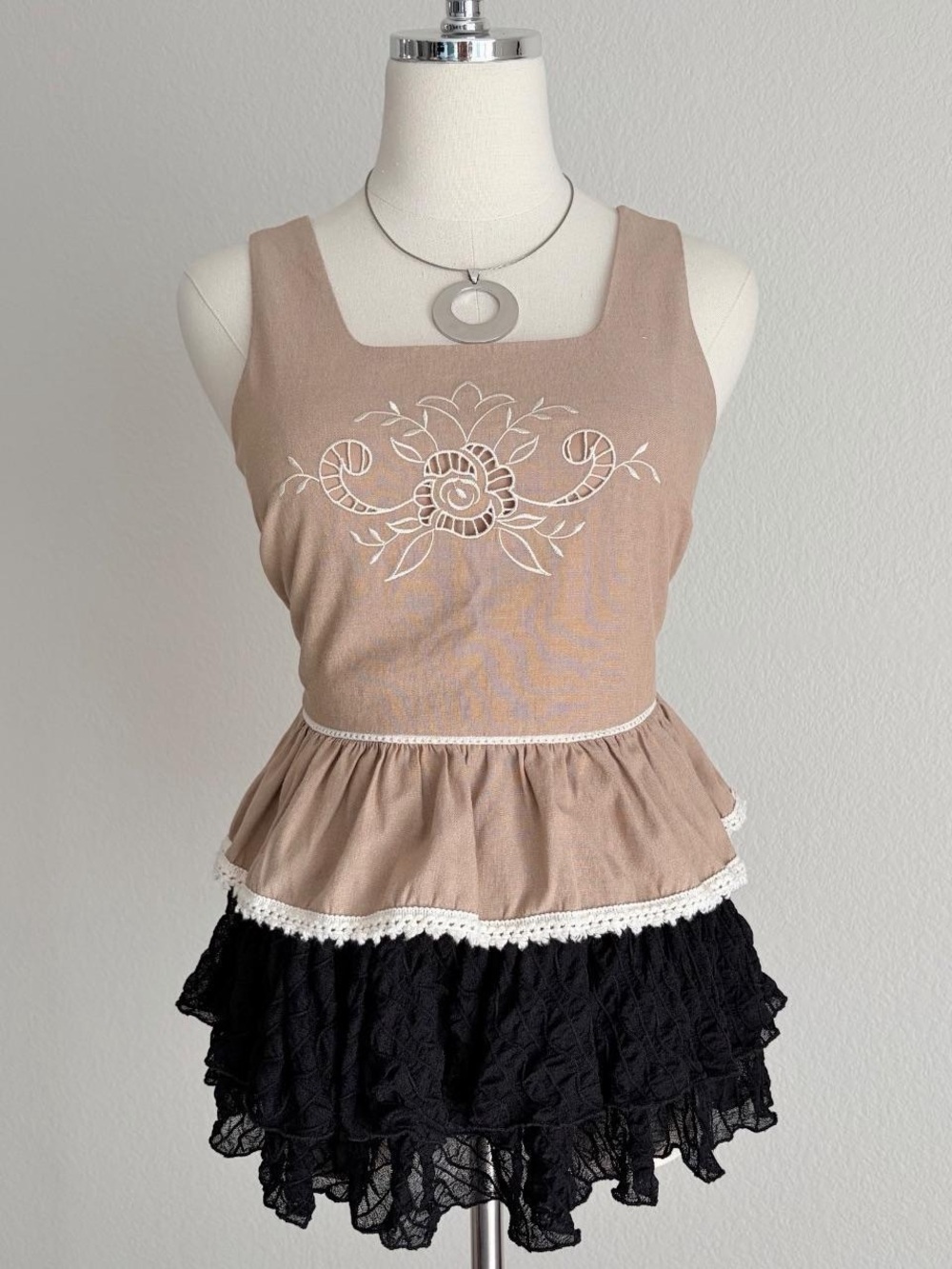 Adrianna Papell Beige and White Peplum Tank with Embroidered Front